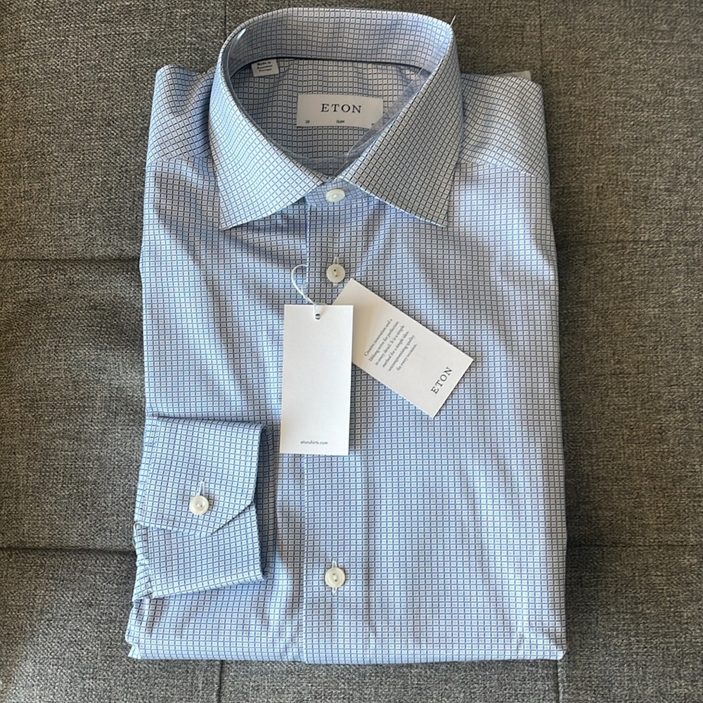 ETON Slim Fit Mid Blue Grid Dress Shirt 38/15 Cutaway Collar NWT